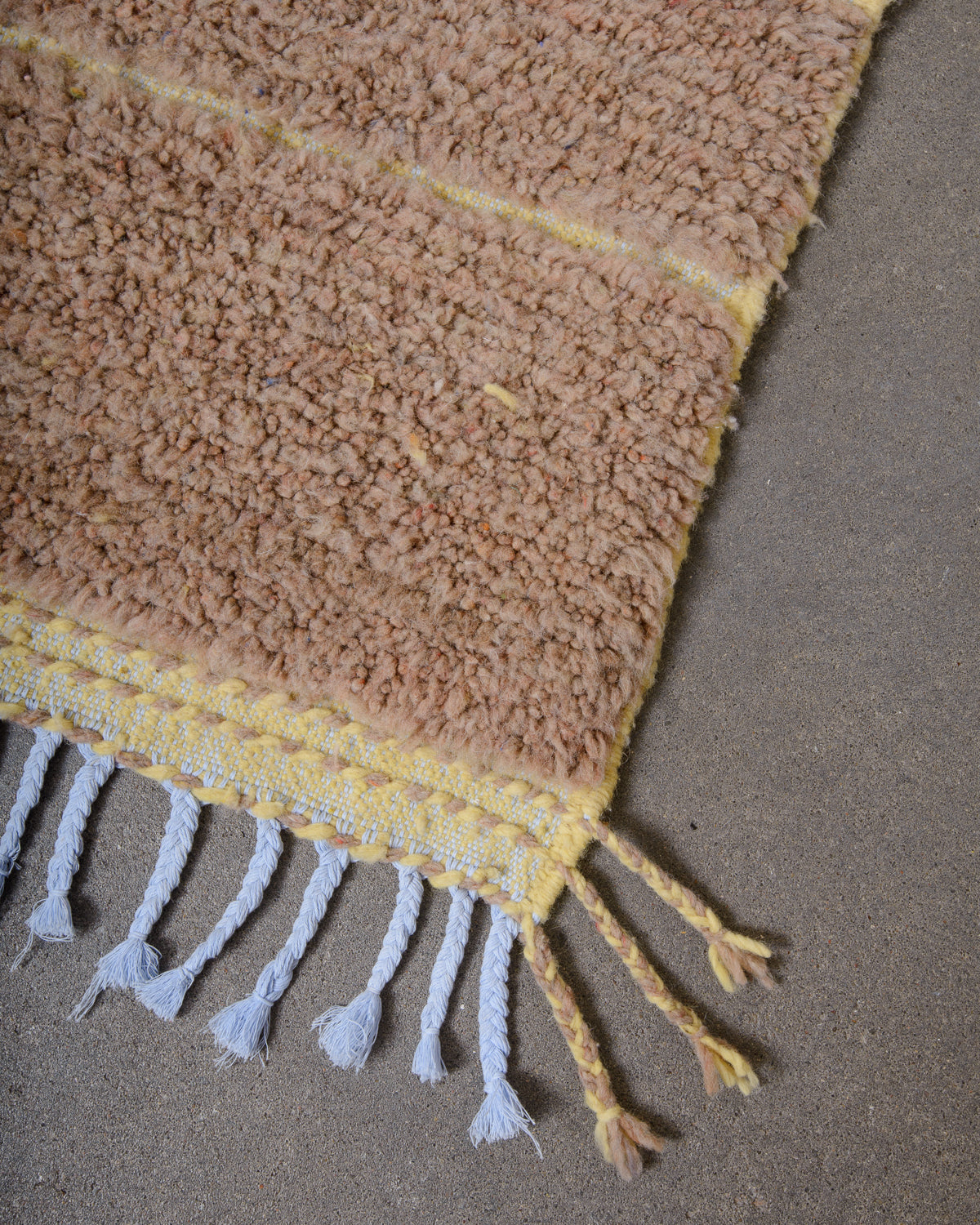 Modern, designer, handcrafted Berber rug from Morocco. Beniourain carpet with beautiful colours and patterns and fluffy wool texture.